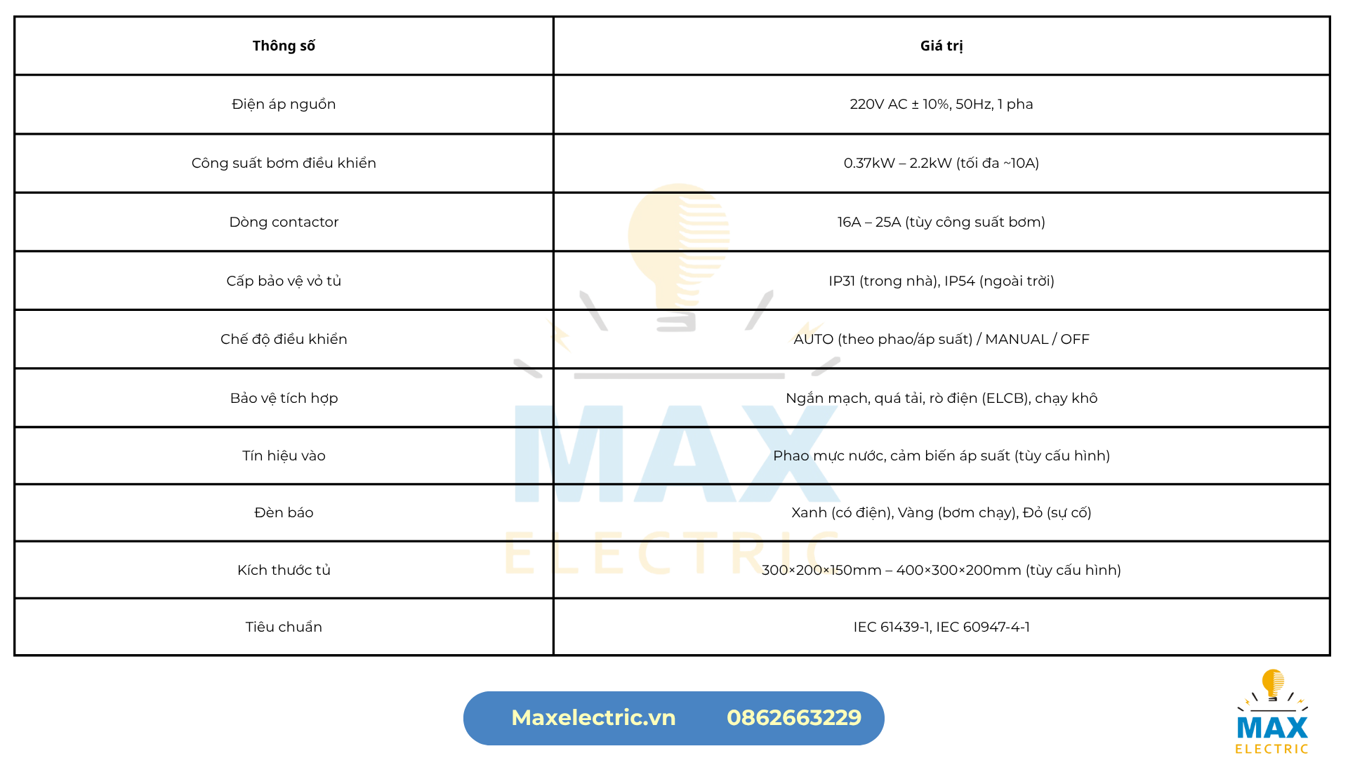 Thông số kỹ thuật tủ điều khiển bơm nước 1 pha Thông số kỹ thuật tủ điều khiển bơm nước 1 pha
