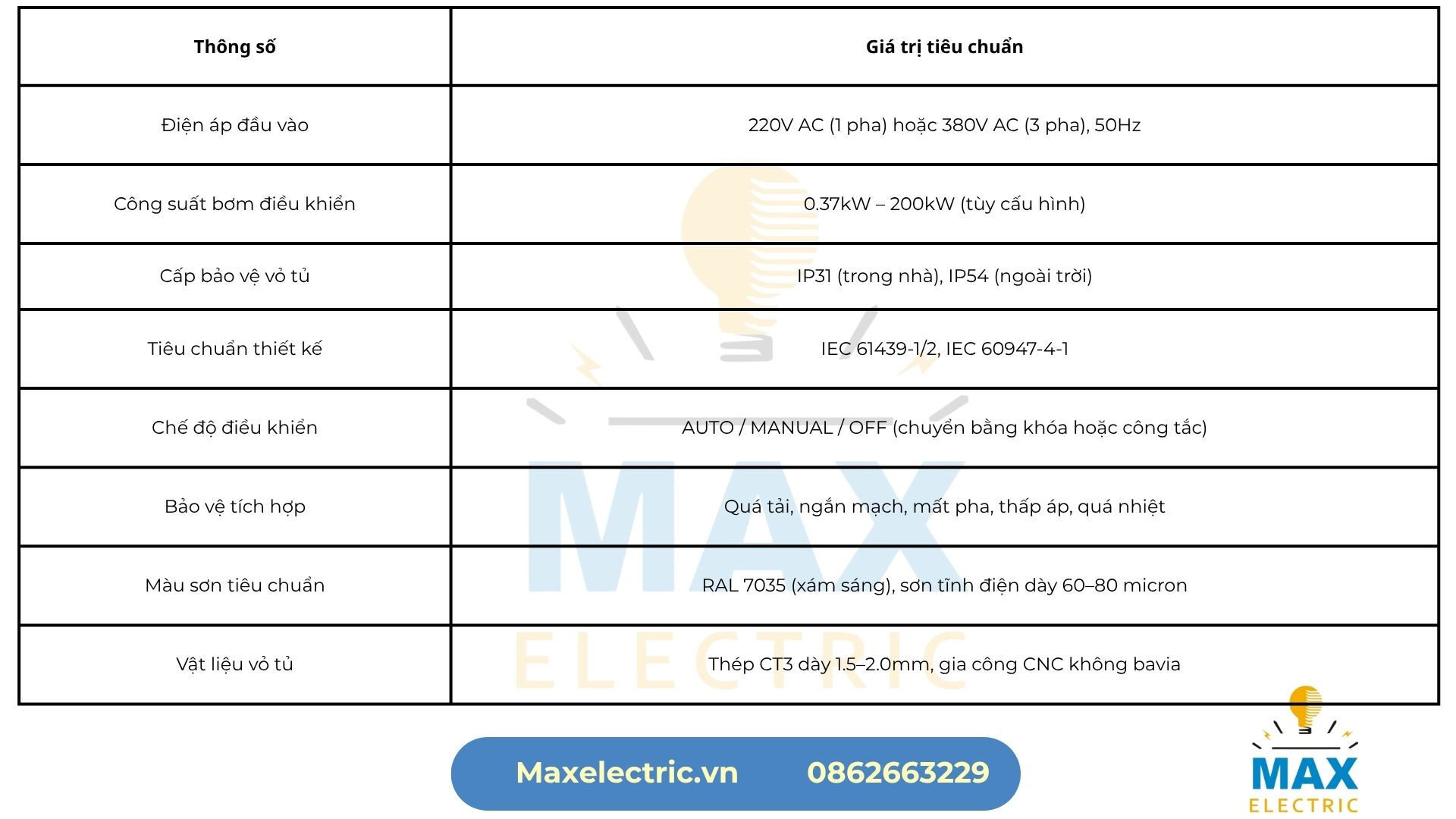 Thông số kỹ thuật tủ điện điều khiển bơm Max Electric VN Thông số kỹ thuật tủ điện điều khiển bơm Max Electric VN